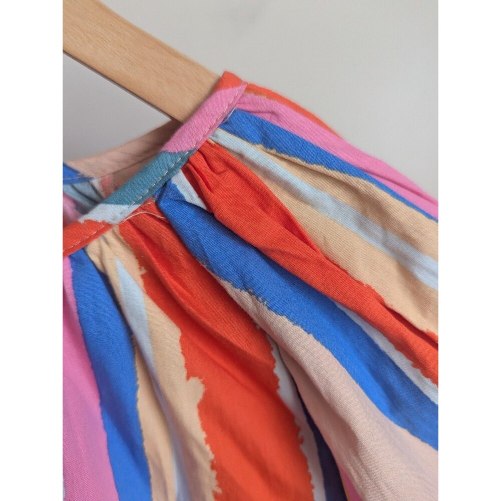 FATE Rainbow Stripe Balloon Sleeve A-line Dress Cotton Mini S Colorful Boho Fun - Picture 11 of 14